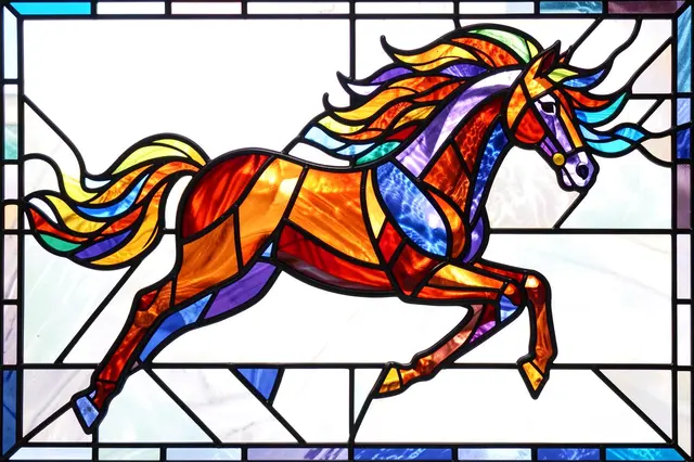 Vibrant stained glass panel showing a galloping horse with a flowing multicolored mane framed by dark lead lines.