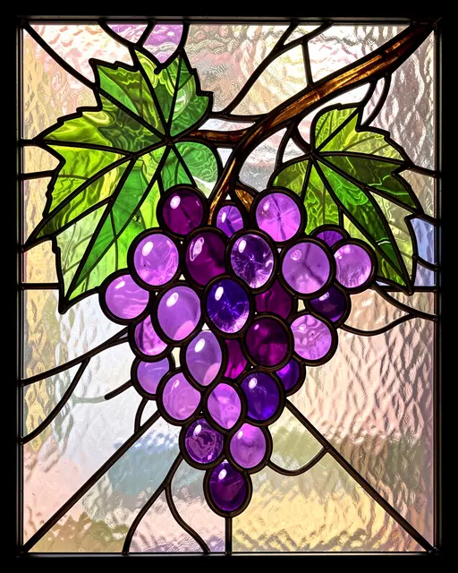 Stained glass panel with bold lead lines showing a bunch of purple grapes on a leafy vine against textured glass background.