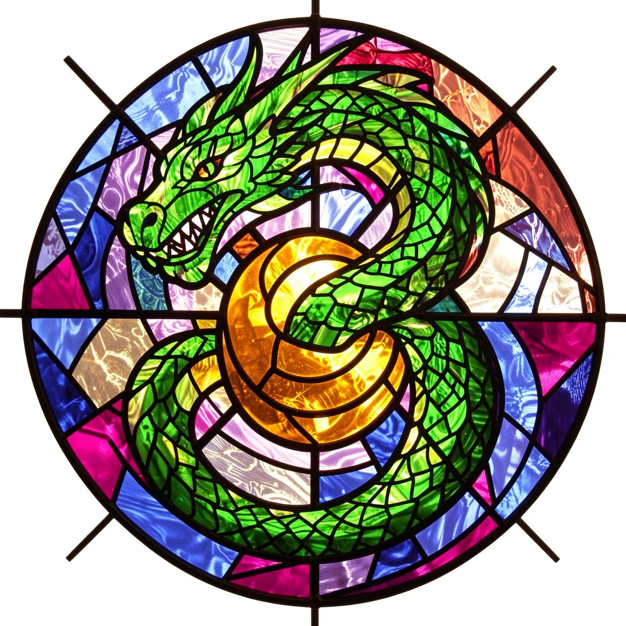 Circular stained glass panel with a coiled green dragon wrapped around a glowing golden orb, held together by dark lead
