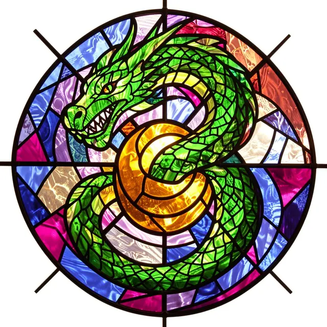 Circular stained glass panel with a coiled green dragon wrapped around a glowing golden orb, held together by dark lead