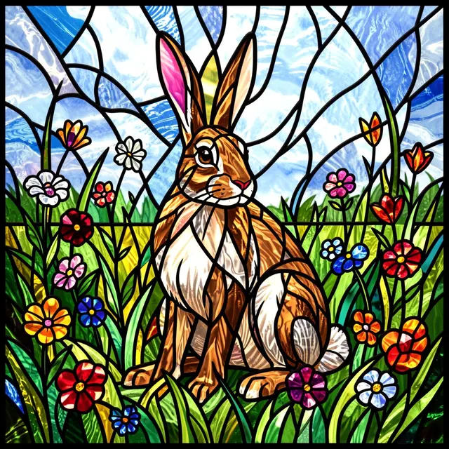 Stained glass panel of a sitting hare surrounded by wildflowers under a swirled blue sky