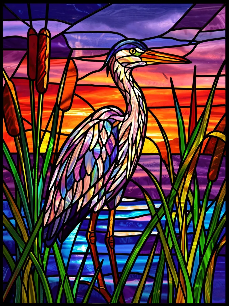 Stained glass depiction of a heron standing among cattails against a vibrant sunset sky over water