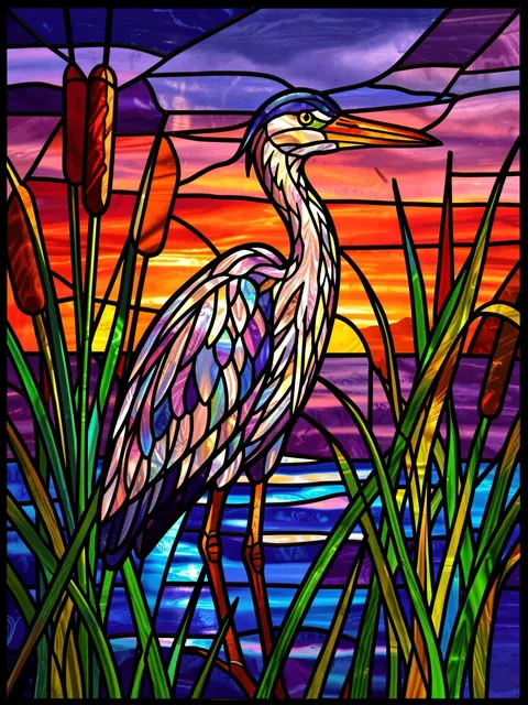Stained glass depiction of a heron standing among cattails against a vibrant sunset sky over water