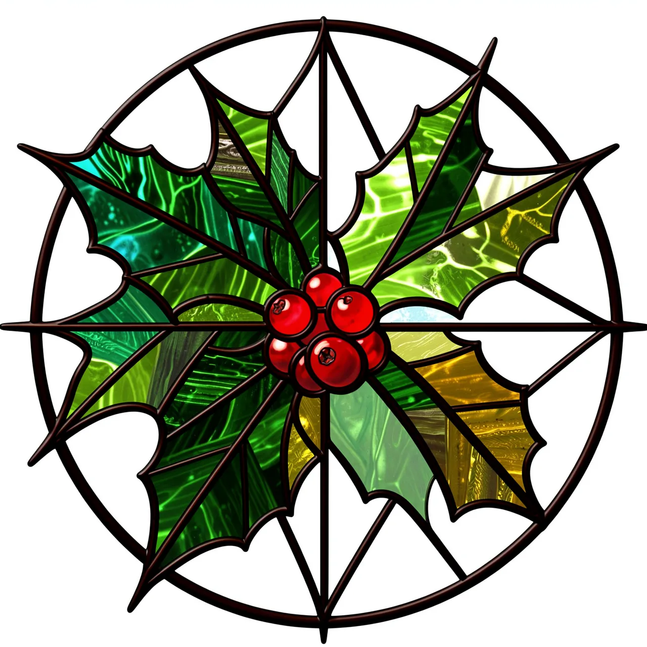 Circular stained glass holly design with dark lead lines, green leaves and central red berries on a plain white background.