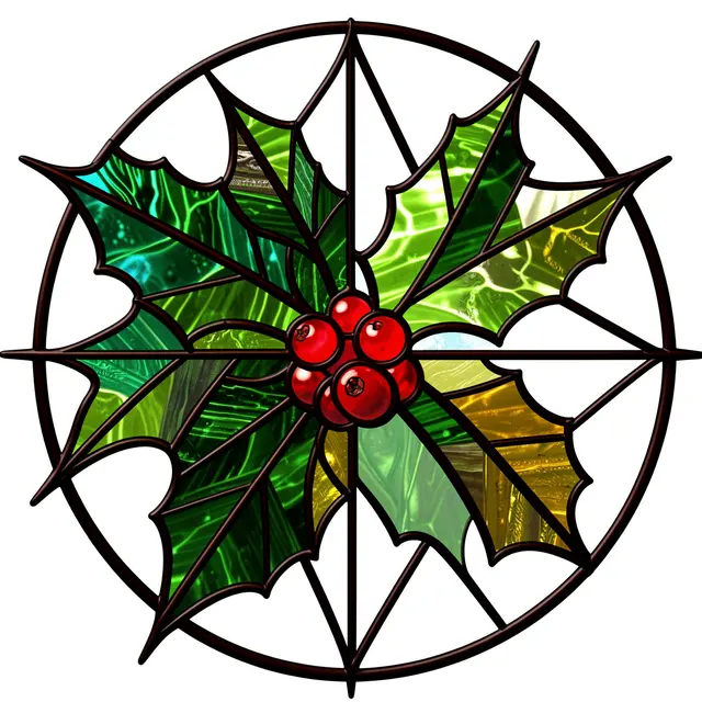 Circular stained glass holly design with dark lead lines, green leaves and central red berries on a plain white background.