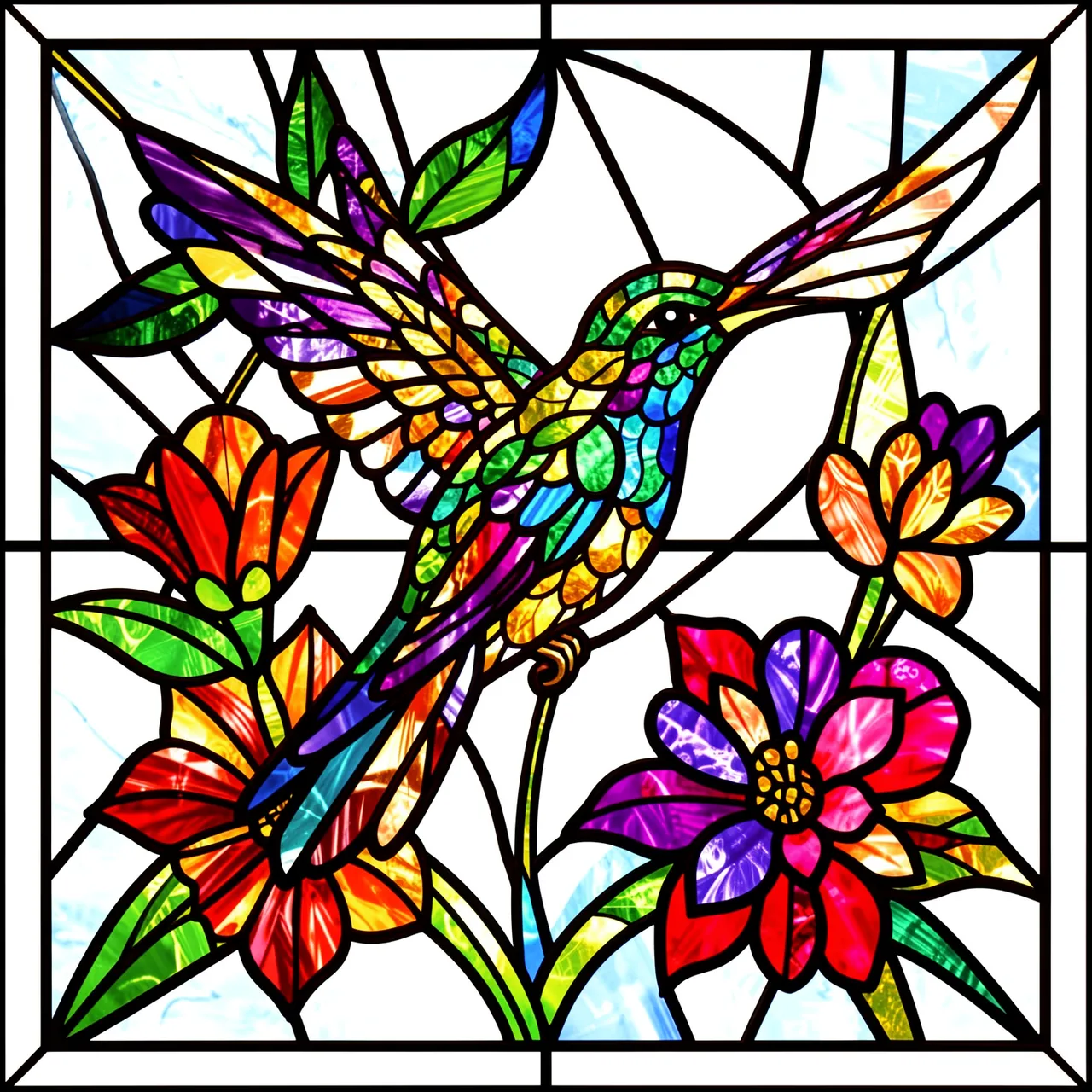 Square framed stained glass panel featuring a colorful hummingbird surrounded by bright flowers and bold black lead lines