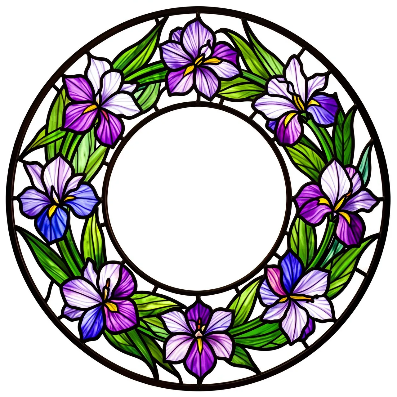 Circular stained glass wreath of irises and leaves with bold lead lines around a clear empty center