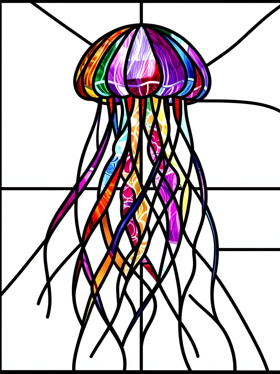 Colorful stained glass illustration of a drifting jellyfish with bold black lead lines