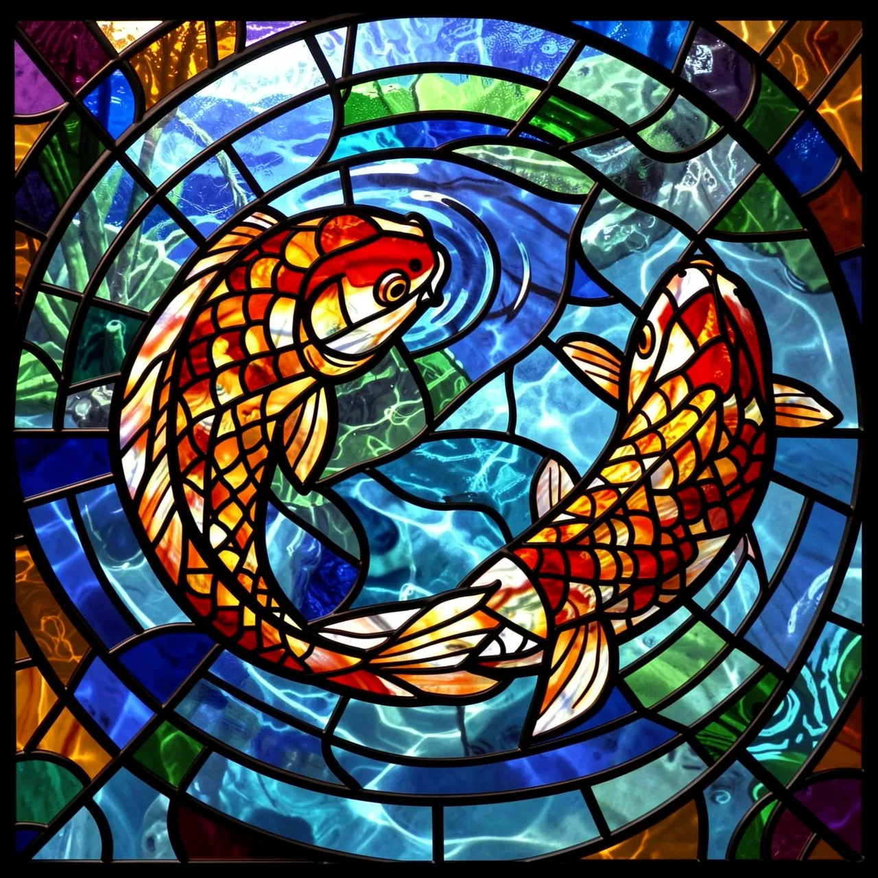 Round stained glass panel depicting two koi fish circling in a pond with bold dark lead lines