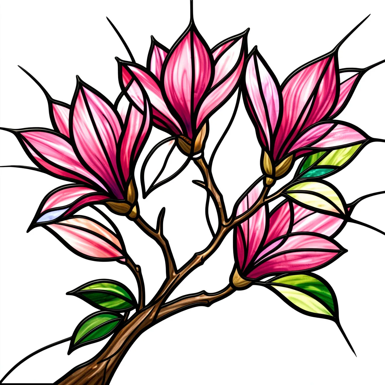 Stained glass illustration of a magnolia branch with pink blooms and bold dark lead lines against a white background