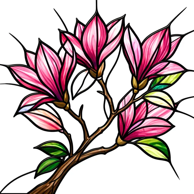 Stained glass illustration of a magnolia branch with pink blooms and bold dark lead lines against a white background