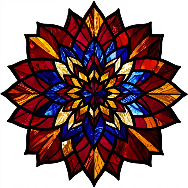 Symmetrical layered mandala rendered as stained glass with bold black lead lines and jewel-toned red, blue, amber panes.