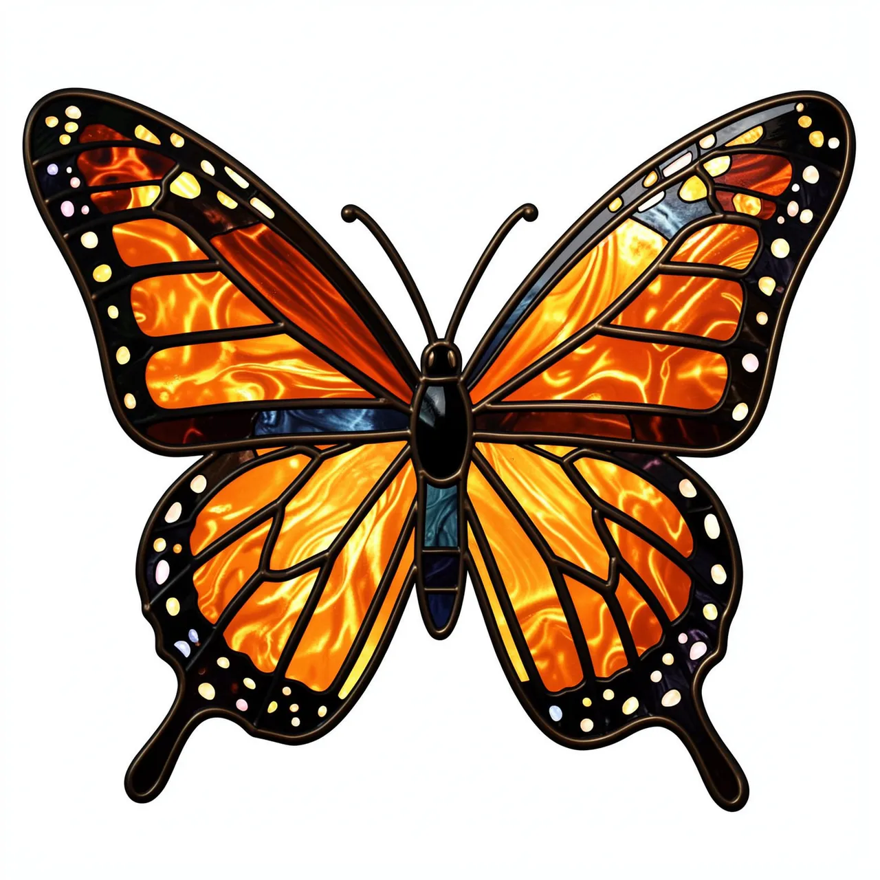 Stained glass monarch butterfly with bold dark lead lines and glowing jewel-toned wings against a plain white background