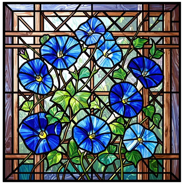 Stained glass panel of blue morning glories climbing a wooden trellis with bold dark lead lines