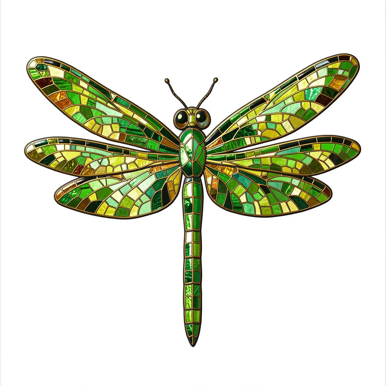Green and gold mosaic dragonfly with fully outstretched wings displayed on a plain white background
