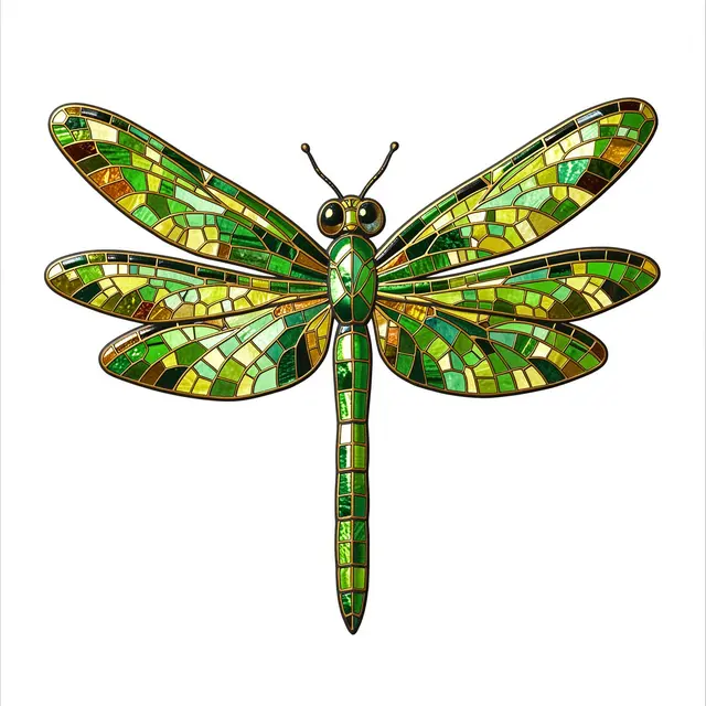 Green and gold mosaic dragonfly with fully outstretched wings displayed on a plain white background