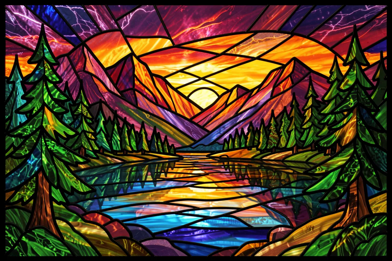 Stained glass landscape of a mountain lake at sunset framed by pine trees with bold dark lead lines