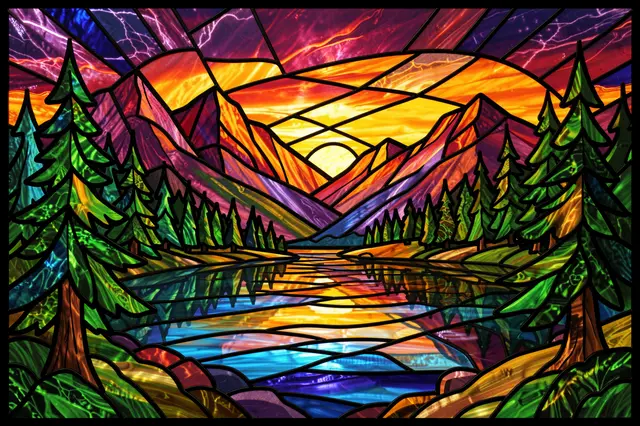 Stained glass landscape of a mountain lake at sunset framed by pine trees with bold dark lead lines