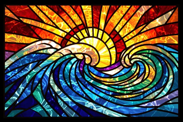 Stained glass artwork of curling ocean waves below a glowing rising sun with bold dark lead lines