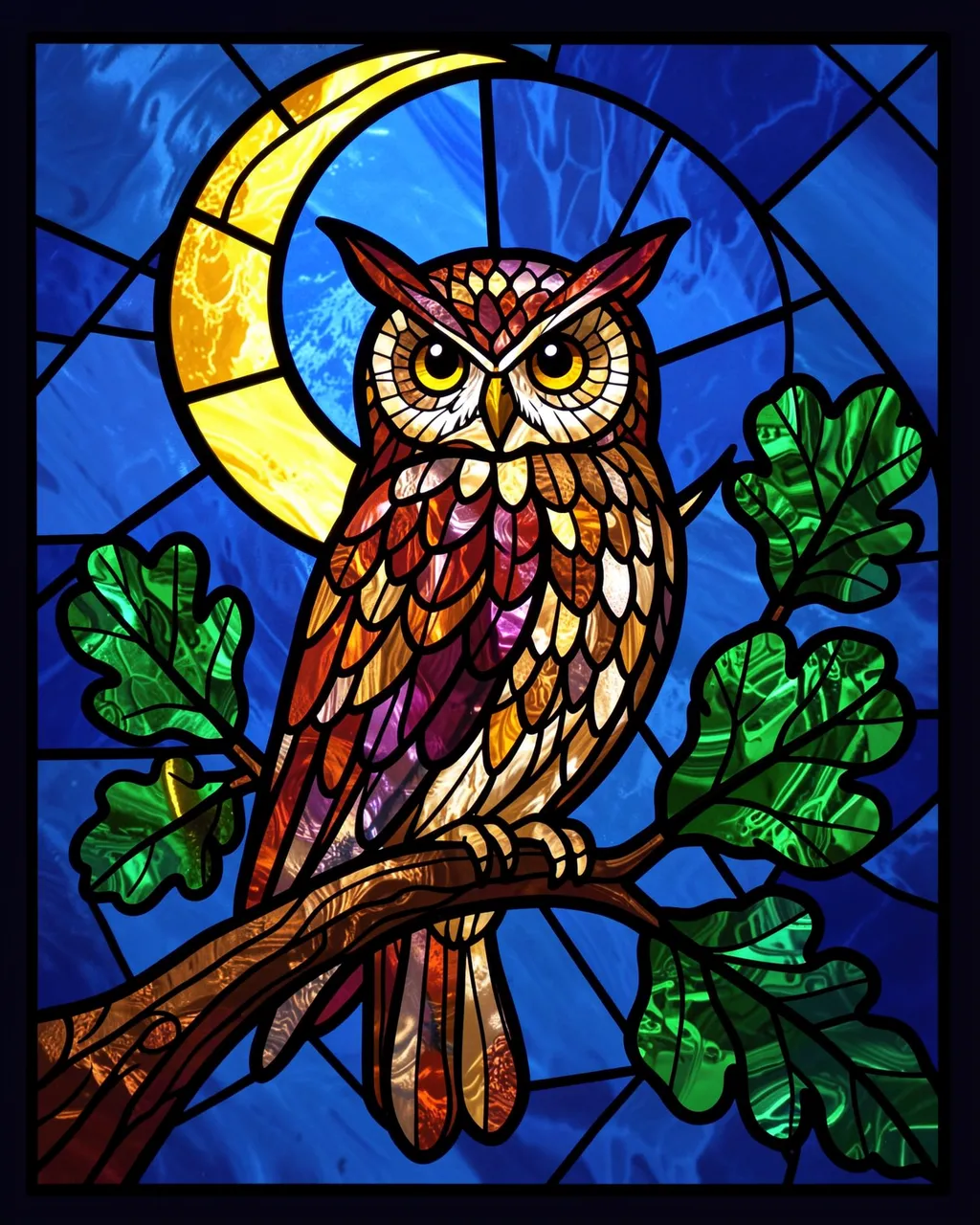 Stained glass illustration of an owl perched on an oak branch beneath a golden crescent moon against a deep blue sky
