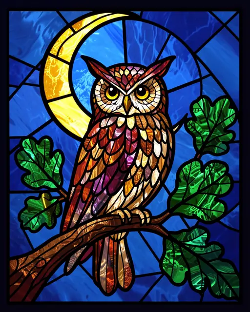 Stained glass illustration of an owl perched on an oak branch beneath a golden crescent moon against a deep blue sky