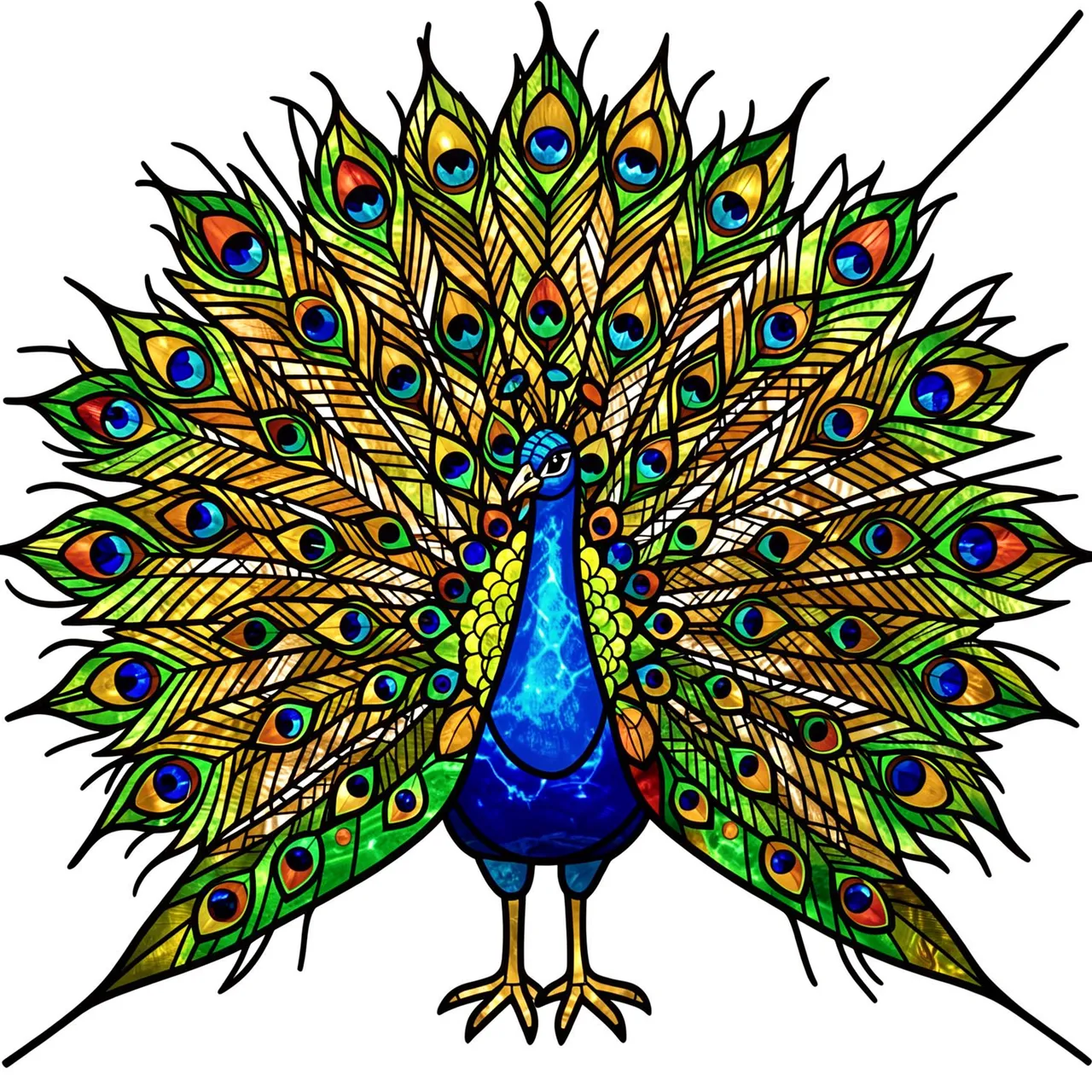 A stained glass illustration of a peacock standing with its tail fully spread in an eye-spotted fan shape