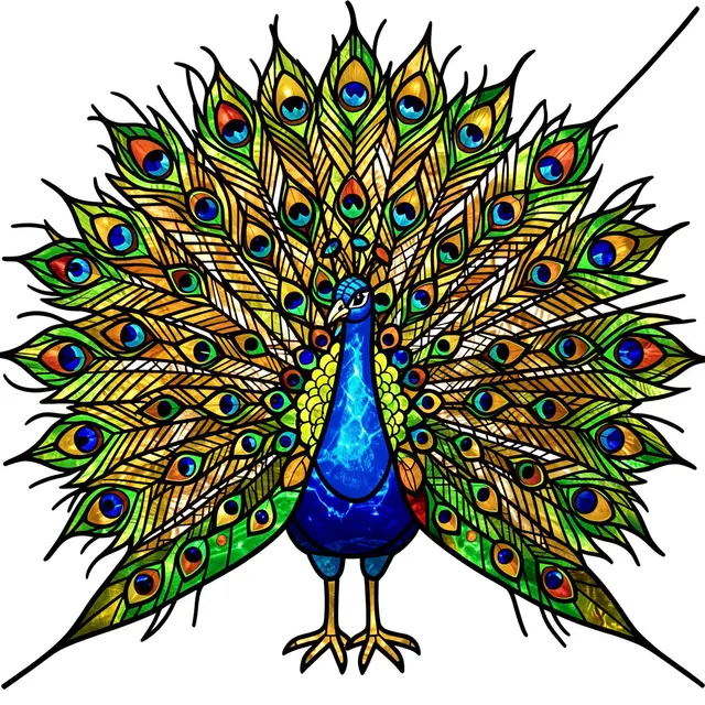 A stained glass illustration of a peacock standing with its tail fully spread in an eye-spotted fan shape