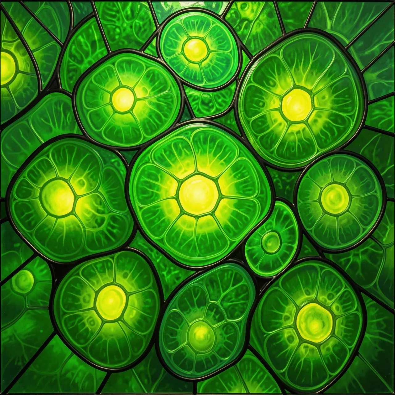 Stained glass style abstract of rounded green plant cells with glowing yellow-green central nuclei