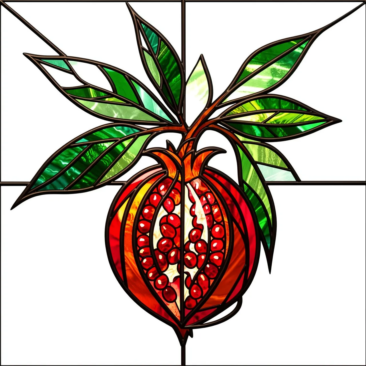 Stained glass panel of a split pomegranate on a leafy branch against a white background