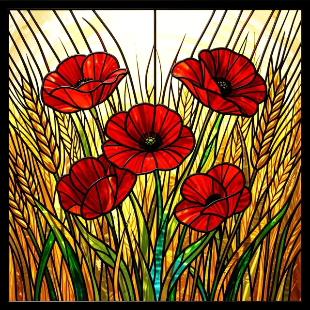 Stained glass panel showing bright red poppies growing among golden wheat stalks