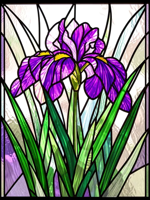 Stained glass panel featuring a purple iris flower with sword-shaped green leaves outlined in dark lead lines