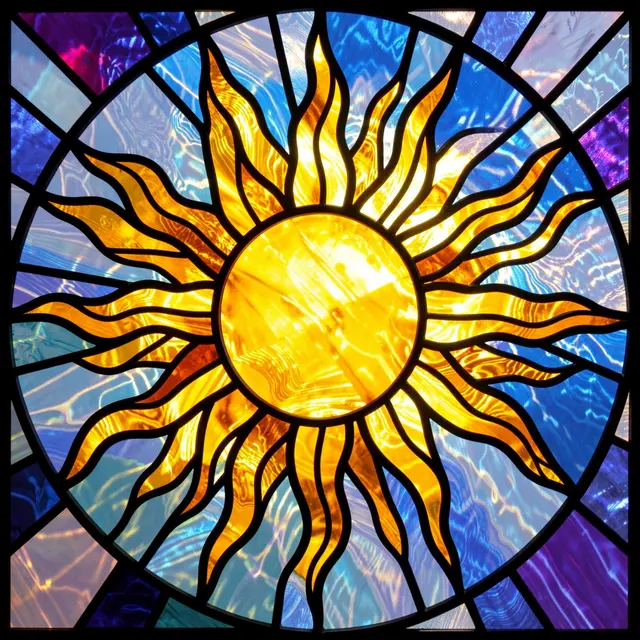 Circular stained glass panel featuring a glowing golden sun with wavy rays set against swirled jewel-toned background glass
