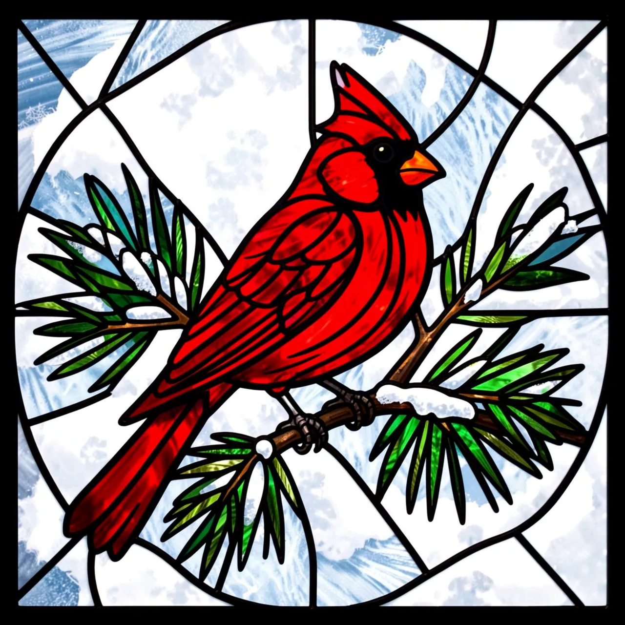 Stained glass illustration of a red cardinal perched on a snow-dusted pine bough