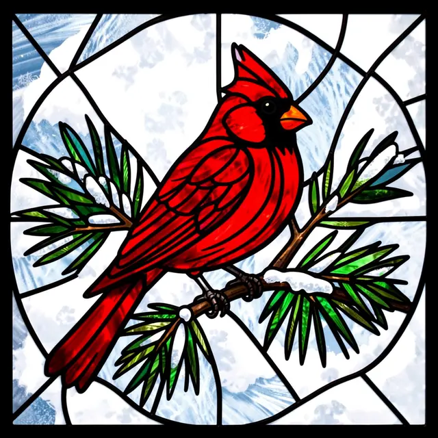 Stained glass illustration of a red cardinal perched on a snow-dusted pine bough