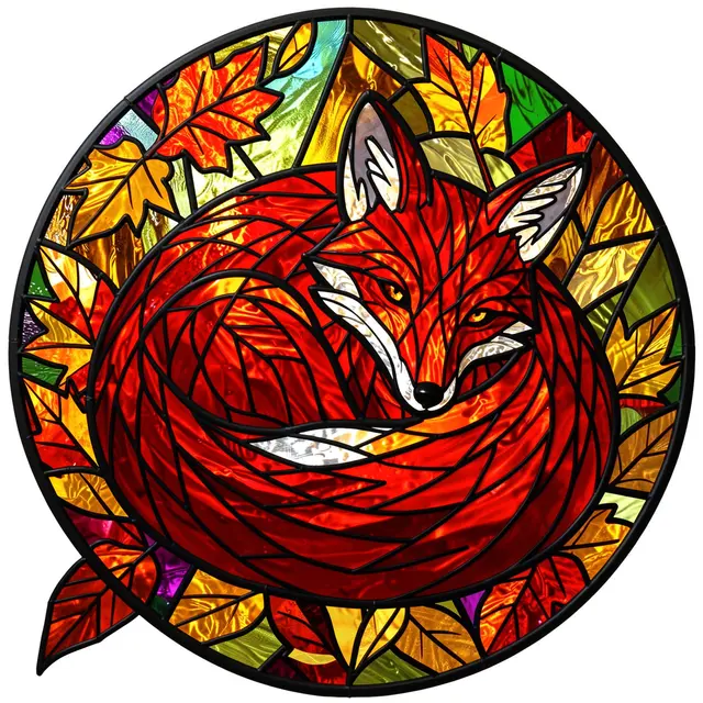Circular stained glass design of a curled red fox surrounded by colorful autumn maple leaves