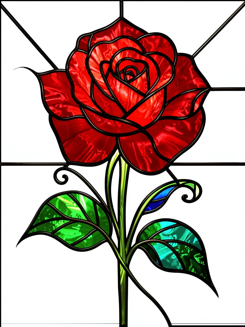 Stained glass design of a vibrant red rose with curling leaves, bold black lead lines against a bright white background