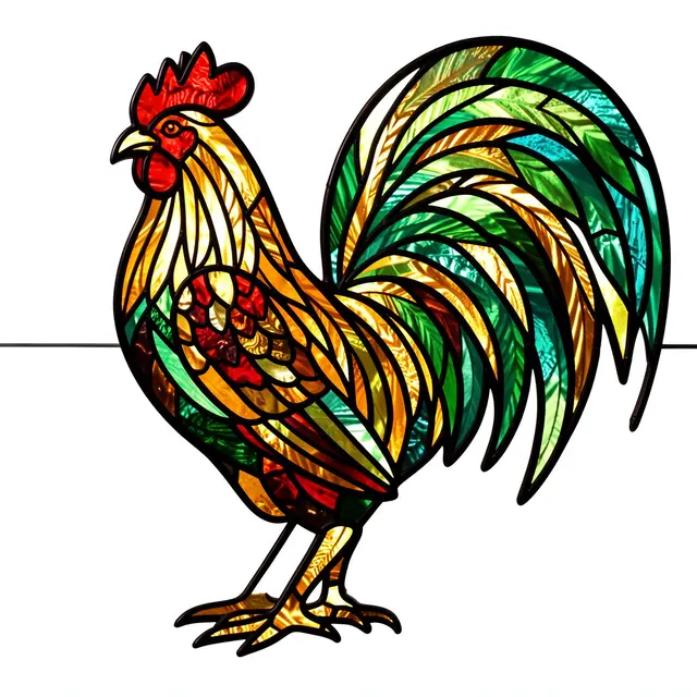 Stained glass rooster with bold lead lines and green gold flowing tail set against a plain white background