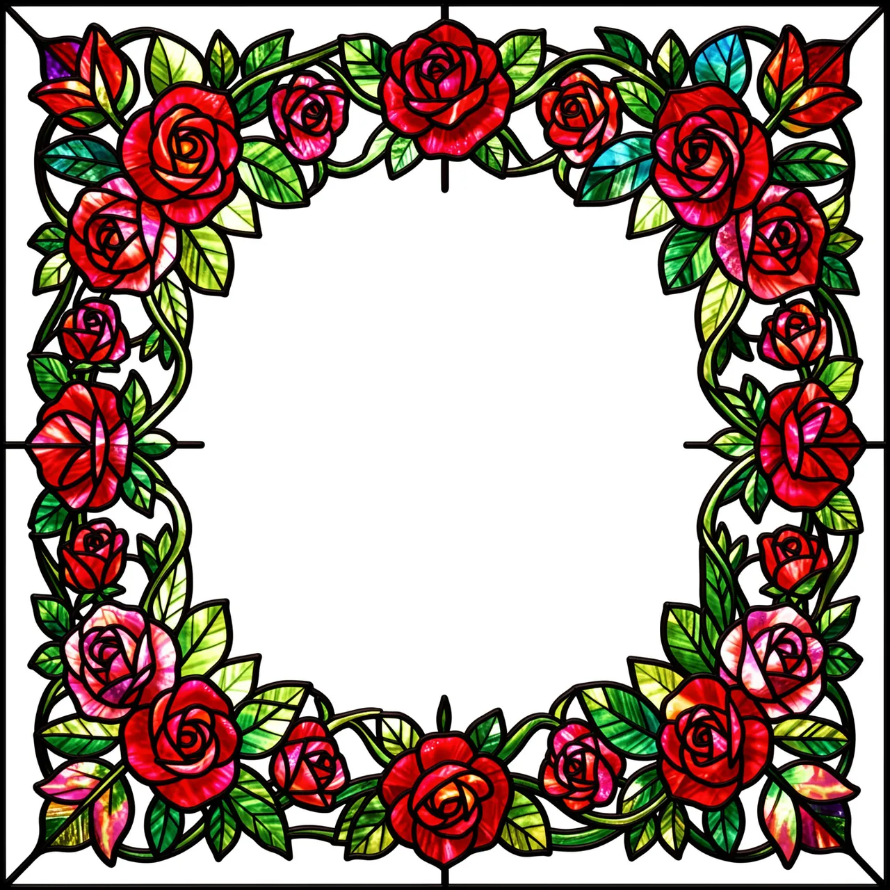 Stained glass floral border of red roses and green vines frames a blank clear center