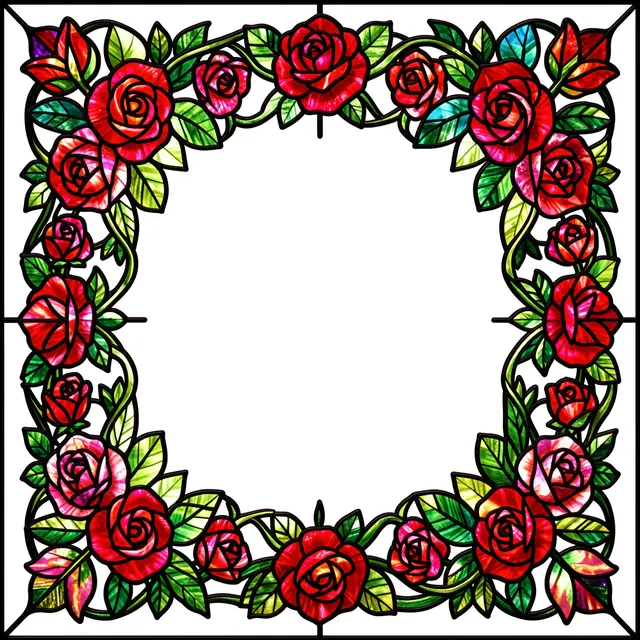 Stained glass floral border of red roses and green vines frames a blank clear center