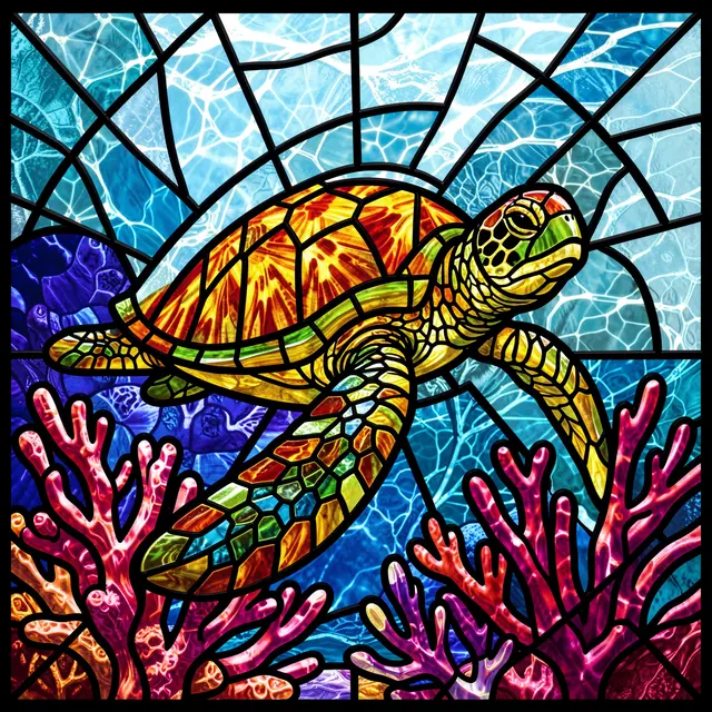 Stained glass panel of a sea turtle swimming above colorful coral under bright blue water