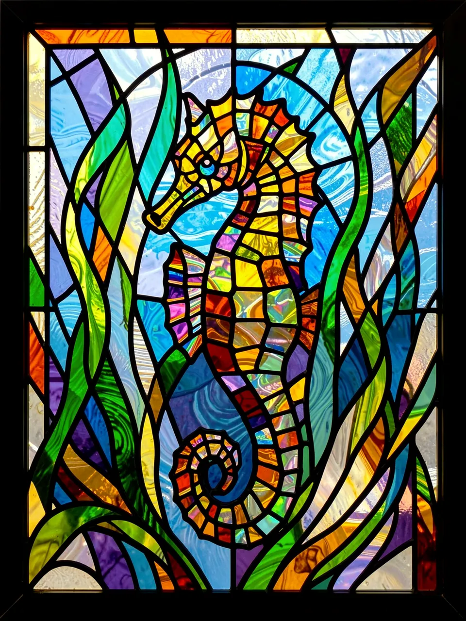 Vibrant stained glass panel of a seahorse framed by swaying seaweed with dark lead lines