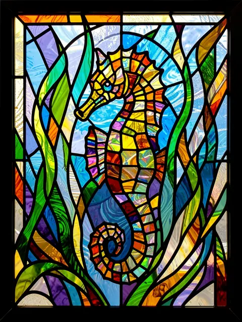 Vibrant stained glass panel of a seahorse framed by swaying seaweed with dark lead lines
