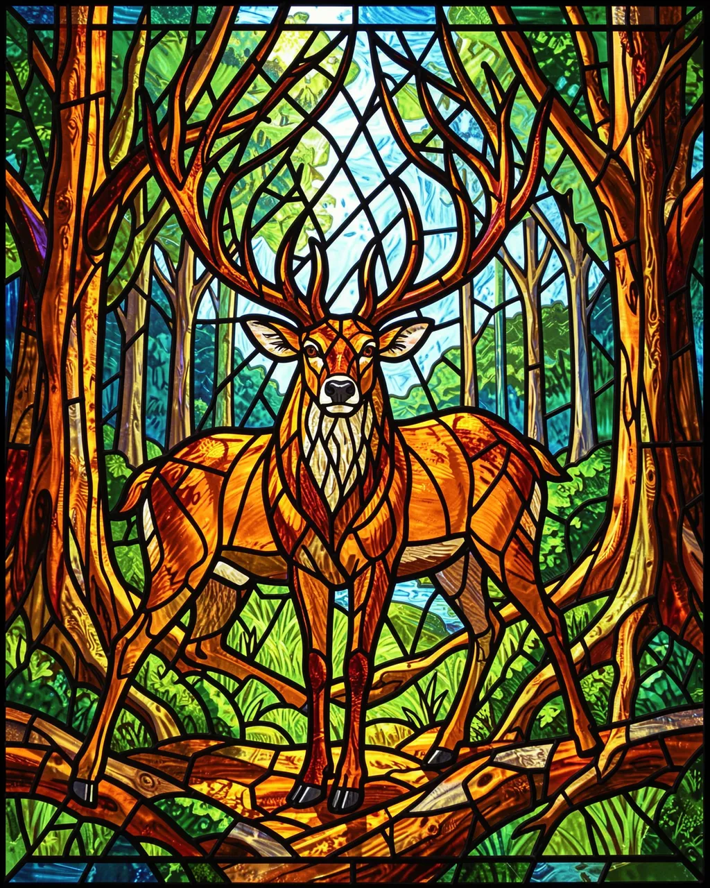 Stained glass panel of a stag with branching antlers standing in a sunlit forest clearing