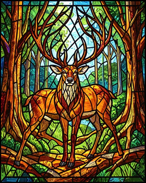 Stained glass panel of a stag with branching antlers standing in a sunlit forest clearing