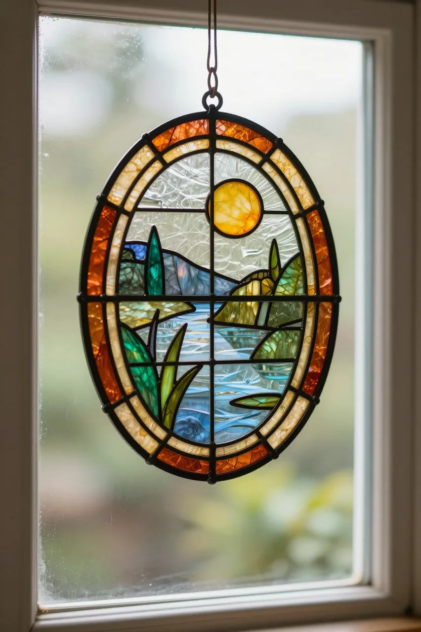 Oval landscape stained glass suncatcher hangs in a sunny interior window with blurred outdoor foliage in the background