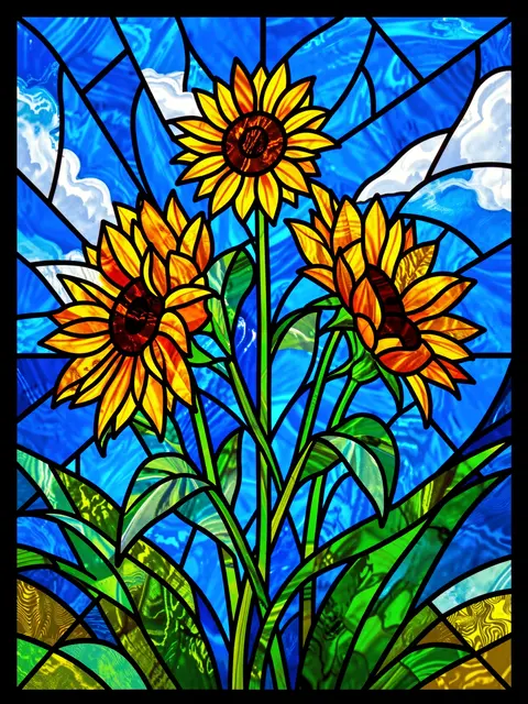 Stained glass design of three sunflowers with bold lead lines against a swirled blue sky with clouds