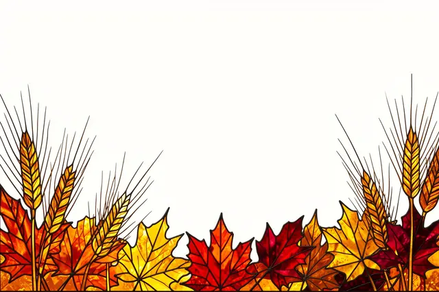 Stained glass style maple leaves and wheat stalks line the bottom of a blank pale white copy space background