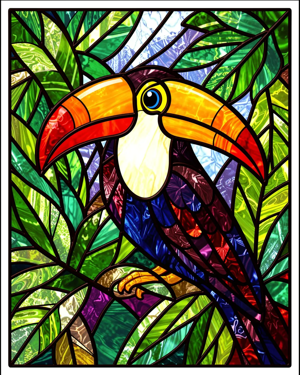 Stained glass design of a toucan with a bright orange beak perched among jungle foliage