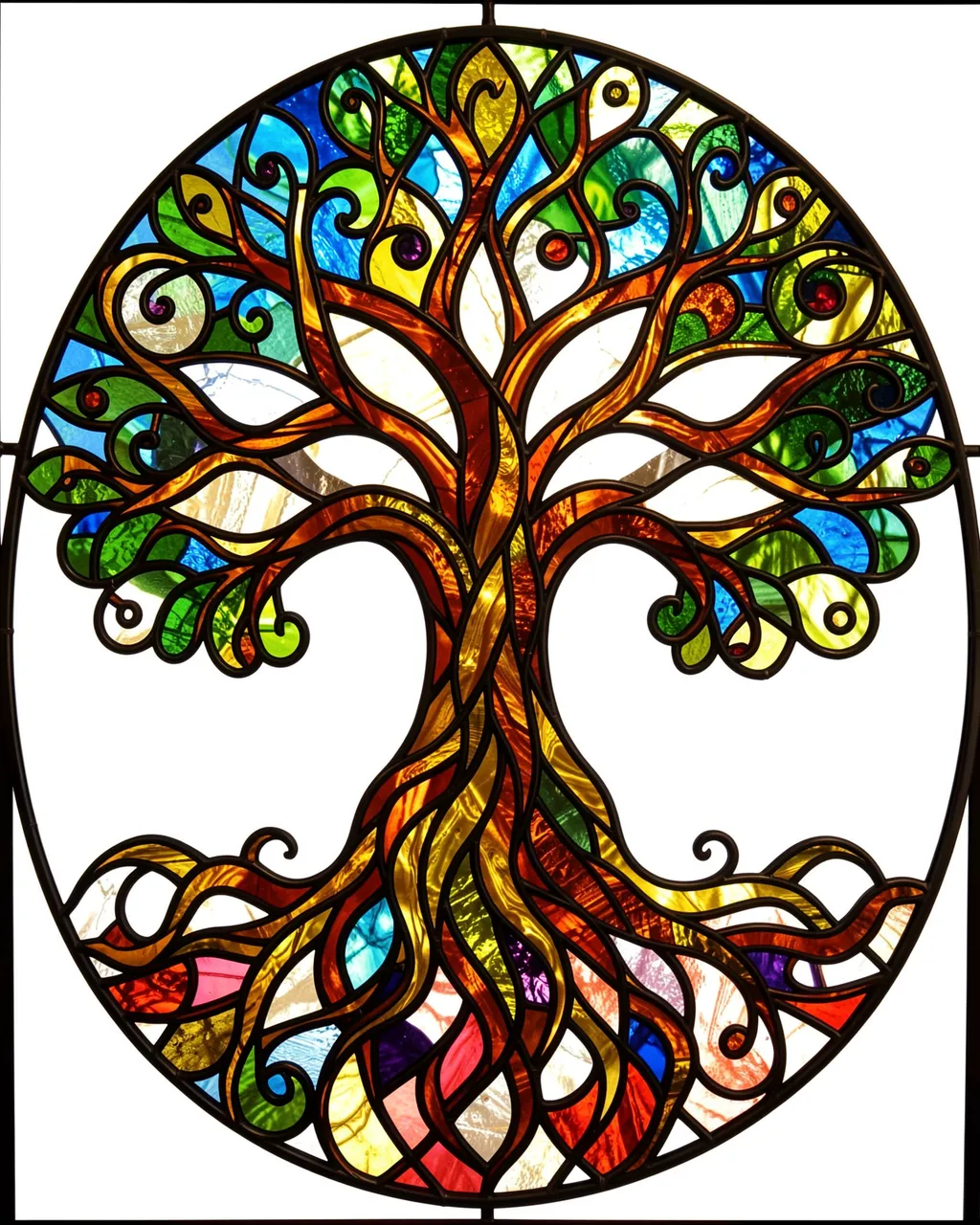 Circular stained glass Tree of Life design with swirling roots, branches, bold lead lines, and vibrant jewel tones.