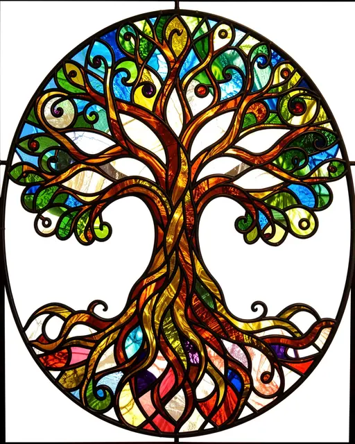 Circular stained glass Tree of Life design with swirling roots, branches, bold lead lines, and vibrant jewel tones.